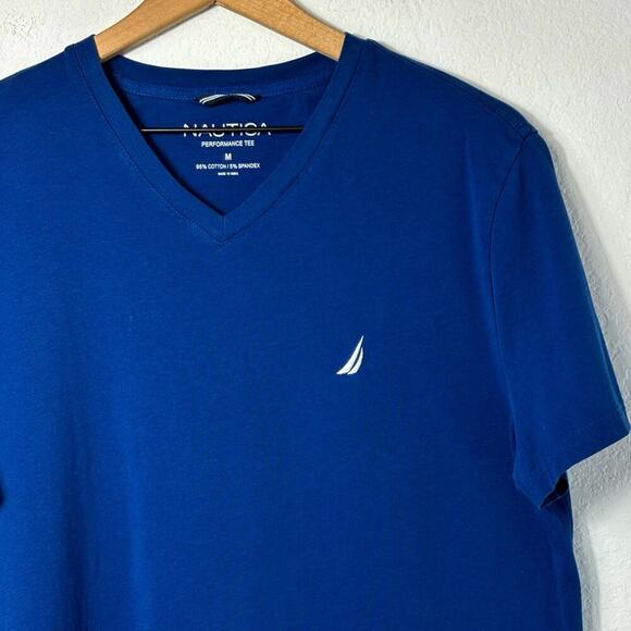NAUTICA PERFORMANCE V-NECK TEE MEN SIZE MEDIUM SHORT SLEEVE BLUE WHITE TOP - Picture 3 of 4